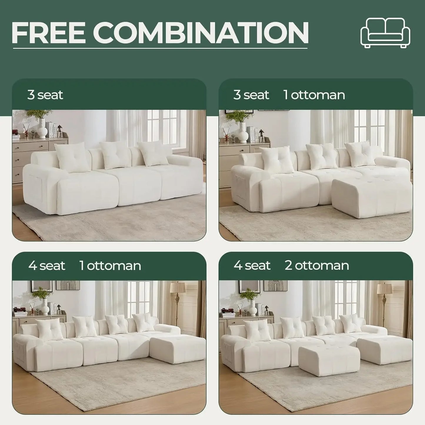 101.65” Modular Sectional Couch for Living Room, 3-Seater Cloud Sofa with Deep Seat, Woven Texture Upholstery, Customized