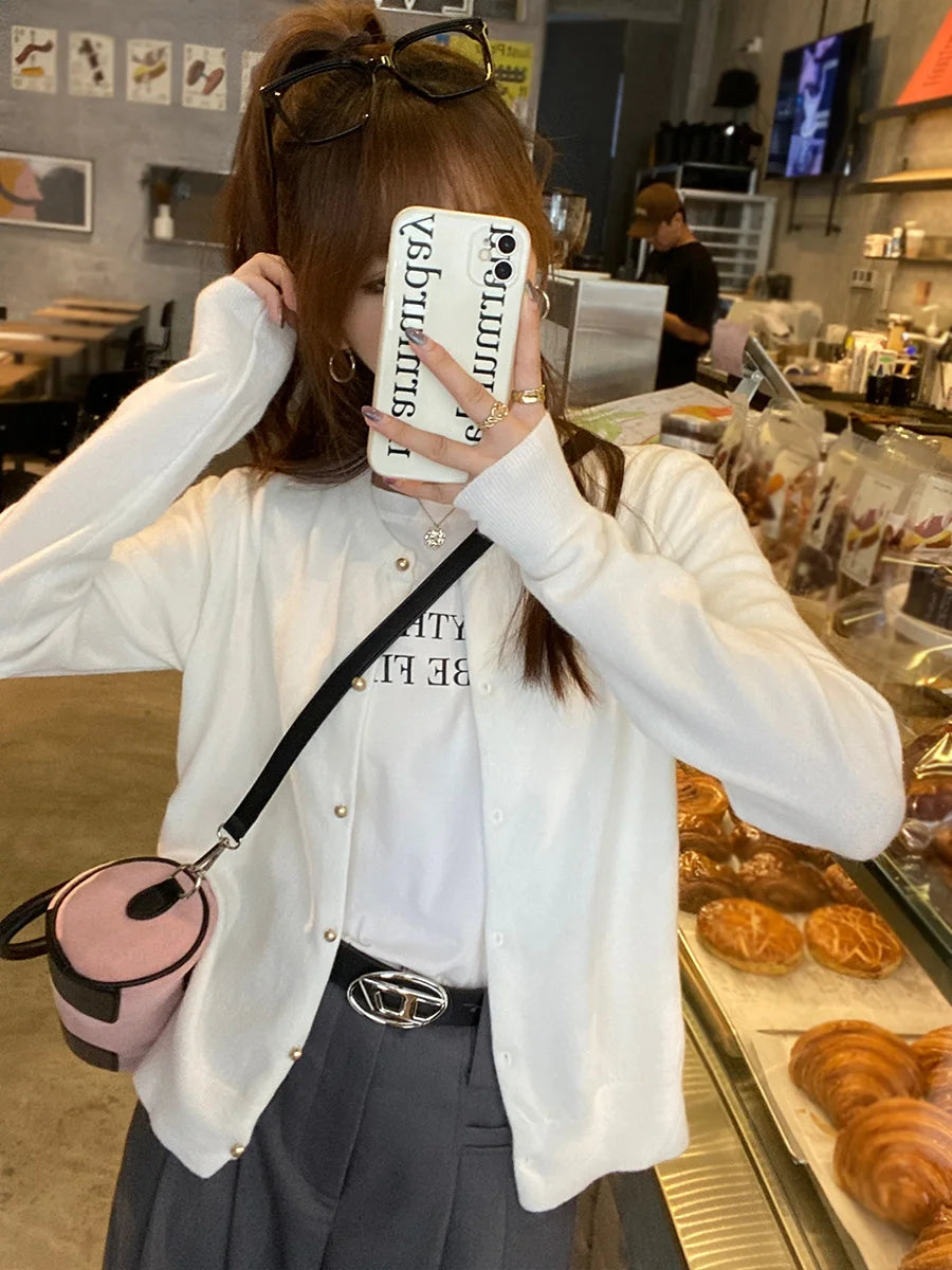 Solid Color Knitted for Women Cardigan Korean Single Breasted Long Sleeve Jumper Woman Round Neck All Match Cardigans Outwear