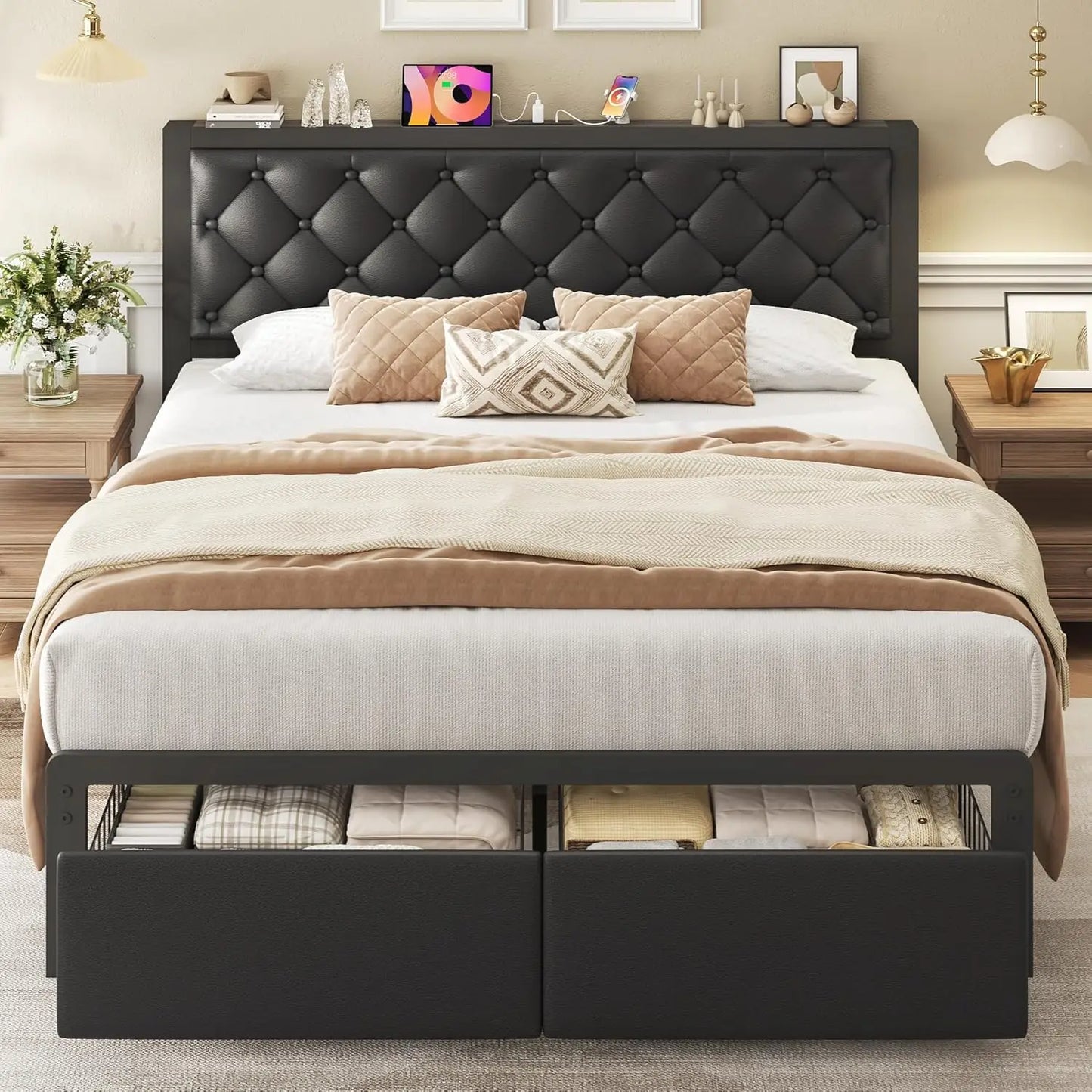 Queen Bed Frame with Storage Drawers, Upholstered Headboard, Charging Station, Noise-Free Metal Structure in Black