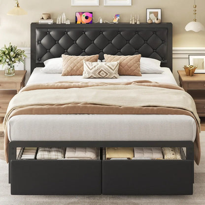 Queen Bed Frame with Storage Drawers, Upholstered Headboard, Charging Station, Noise-Free Metal Structure in Black