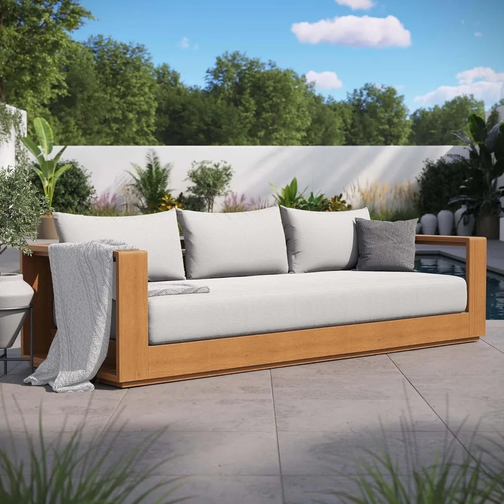 Tahoe Acacia Wood Outdoor Patio Sofa in Natural Light Gray with Weather-Resistant Cushions - Ideal as a Porch Couch or Sunroom