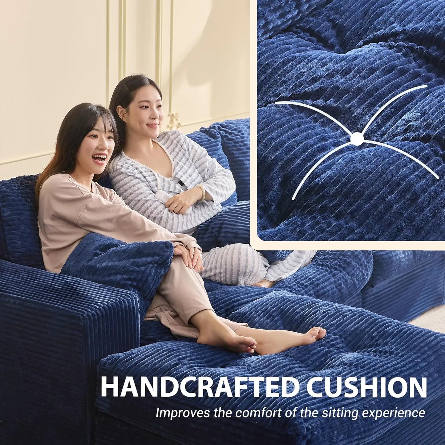 102" L-Shape Modular Sectional Sofa Deep Seat Corduroy Comfy Couch Ottoman Living Room Set, Customized