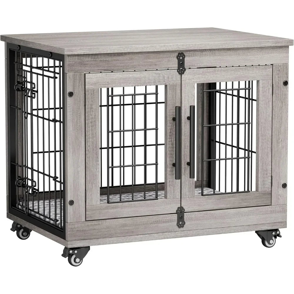 Dog Kennel Indoor Double Doors Wooden Dog Cage,  Heavy Duty Dog Crate with Cushion&Wheels,Decorative End Table Pet House