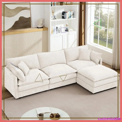 Beige Modular Sectional Sofa Cloud Couch L-Shape Convertible 3-Seater Chenille Upholstered with Ottoman Living Room