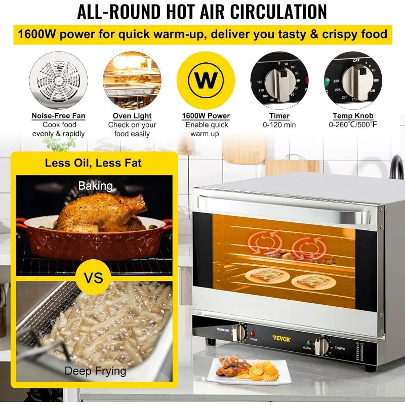 VEVOR Commercial Convection Oven, 47L/43Qt, Half-Size Conventional Oven Countertop, 1600W 4-Tier Toaster w/Front Glass Door