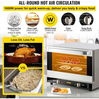 VEVOR Commercial Convection Oven, 47L/43Qt, Half-Size Conventional Oven Countertop, 1600W 4-Tier Toaster w/Front Glass Door