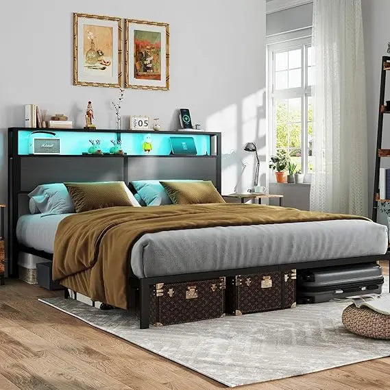 King Size Bed Frame with Headboard, Metal Platform Bed Frame with LED Lights & Charging Station, Under Bed Storage, Solid and St