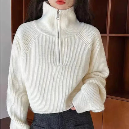 Half Zip Collar Sweater Women Pullovers Soft Knitted Long Sleeve Short Jumper Fall Winter Teen-girl Korean Fashion Outfit