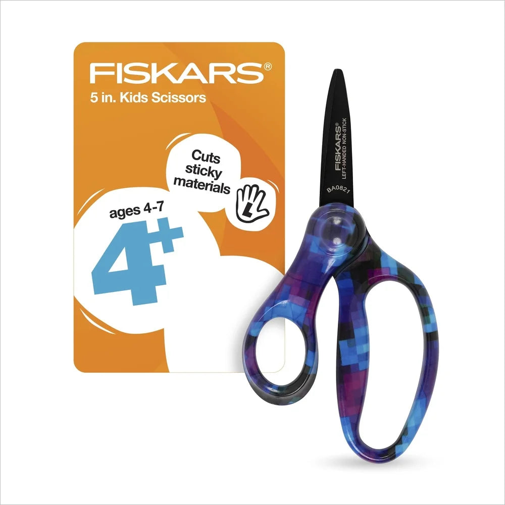 2 Pack Left-Handed Kids Scissors 5 Inch Non-Stick Pointed Tip Ergonomic Design Classroom Crafting Safe Cutting