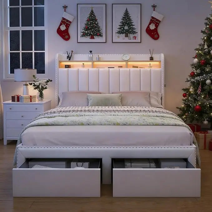 Modern Platform Bed with Upholstered Wingback Headboard, 2 Drawers, Channel Tufted, No Box Spring Needed Customized