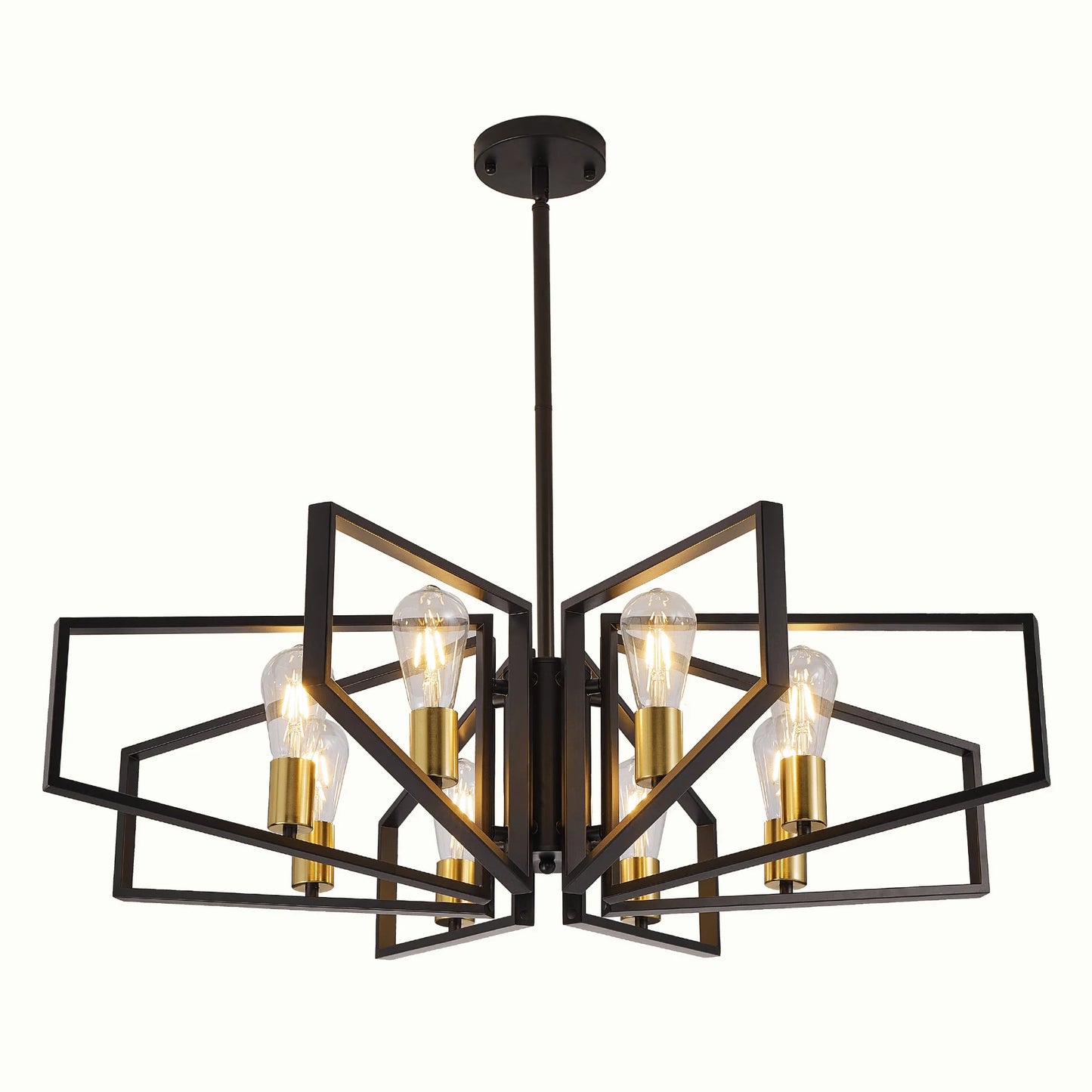 Modern 8-Light Geometric Chandelier Adjustable Height Metal Pendant Light with Black Frame & Golden Accents Ceiling Light Decor