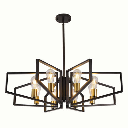 Modern 8-Light Geometric Chandelier Adjustable Height Metal Pendant Light with Black Frame & Golden Accents Ceiling Light Decor