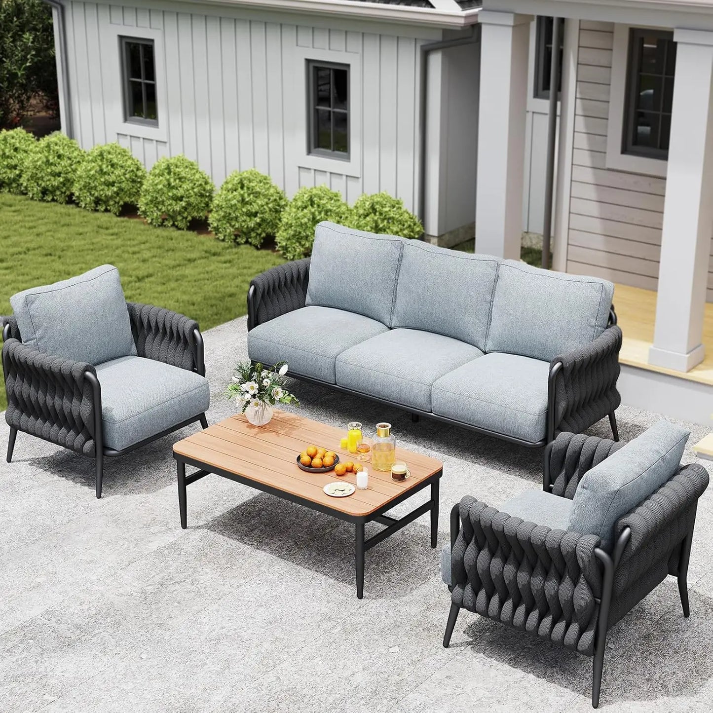 Outdoor Patio Furniture Set 6-Piece, Outdoor 5-Seat Sofa with Coffee Table, Waterproof Thick Cushion Patio Conversation Set, All