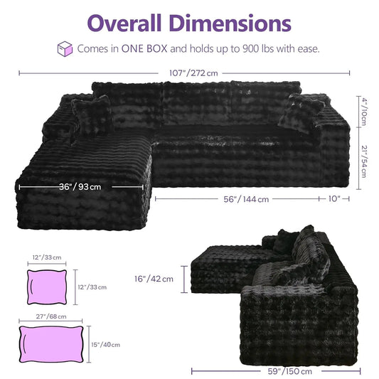 107’’ Boneless Slow-Rebound Memory Foam Couch, Cloud Sectional Couches for Living Room w/Upgraded Fabric, Deep Seat, Customized