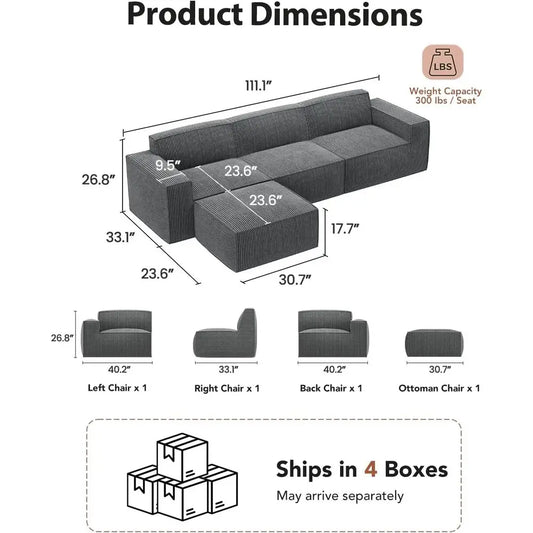 110" Cloud Sectional Couch with L-Shape Chaise&Movable Ottoman,Modern Modular Sofa with Deep Seat, Boneless Sofa-Customized