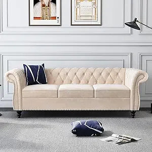 Chesterfield Leather Sofa 3 Seater Couch, Mid-Century Large Sofa Roll Arm Classic Tufted Settee Modern PU Sofa with Channel Tuf
