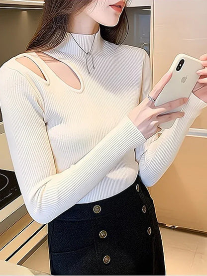 Women's Autumn Winter Jumper Knitted Sexy Hollow-out Turtleneck Women Sweaters Soft Warm Knitwears Female Pullovers Sweater Top