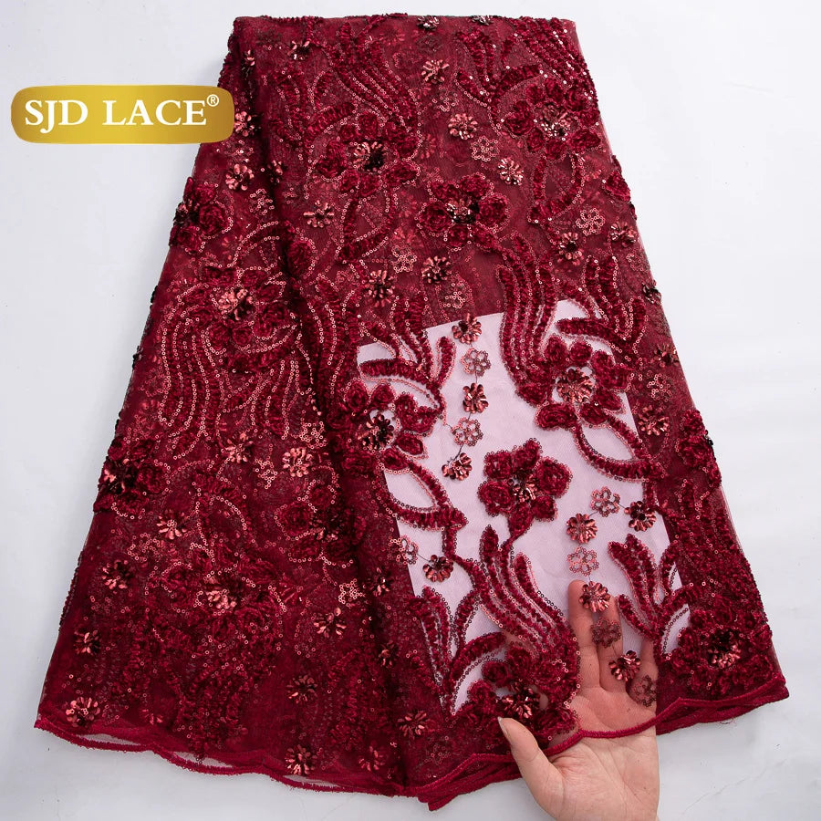 SJD LACE French Mesh Lace Fabric with Beads 2025 High Quality Nigerian African Net Tulle Lace for Sewing Women Wedding Dress4319