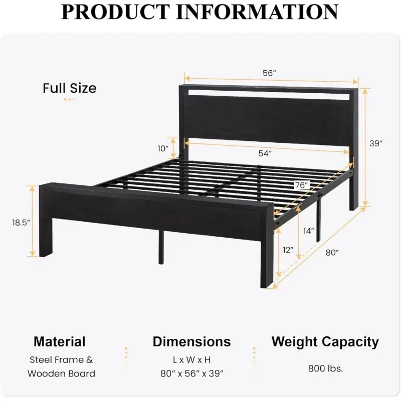 14" Full Platform Bed, Wood Headboard & Footboard with Underbed Storage