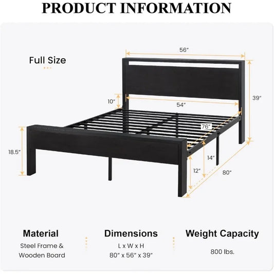 14" Full Platform Bed, Wood Headboard & Footboard with Underbed Storage