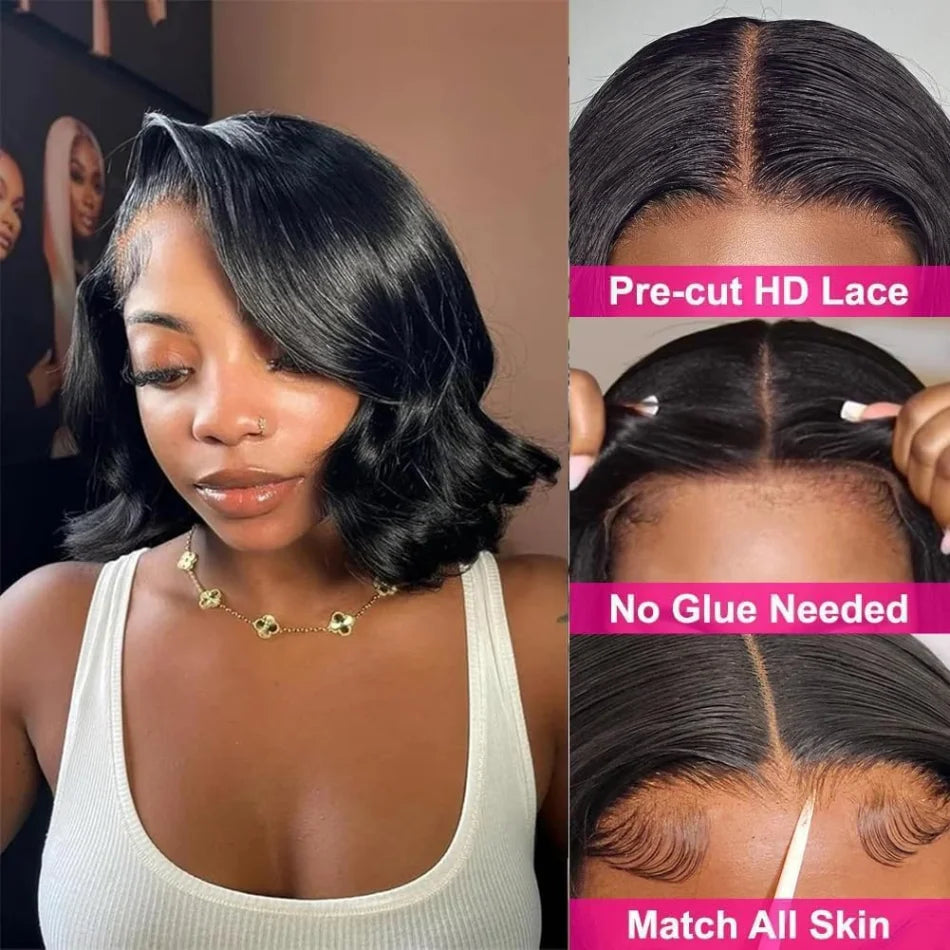 Wear And Go Glueless Bob Wig Human Hair Short Body Wave Lace Front Wigs Pre Cut Brazilian Hair 4X4 Hd Lace Closure Wig For Women