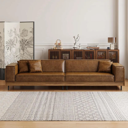 Mid-Century Modern Leather Sofa 111.81 with Wooden Accents on Sides & Back, Spacious 3 - Seat Couch for Living Room, Bedroom