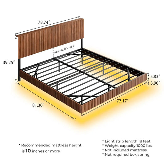 Walnut King Floating Bed Frame with Headboard, Mid Century Modern Fluted Platform Bed with LED Lights, Heavy Duty, Customized