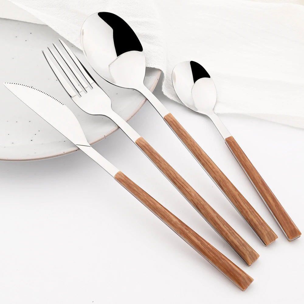 6/24pcs Wooden Handle Cutlery Set Brown Silver Dinnerware Set Stainless Steel Forks Spoons Knife Tableware Kitchen Flatware Set