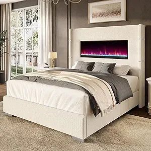 60.4 Queen Size Upholstered Bed Frame with Heat-Free Fireplace, Luxury Corduroy Platform Bed with Extra Tall Wingback Headboard,