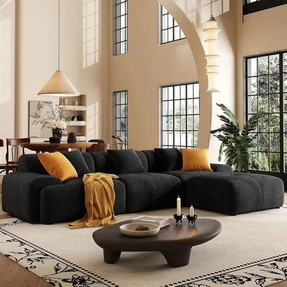 113" L-Shape Modular Sectional Sofa Corduroy Upholstery 3-Seater Cloud Couch Movable Ottoman Living Room Green, Customized