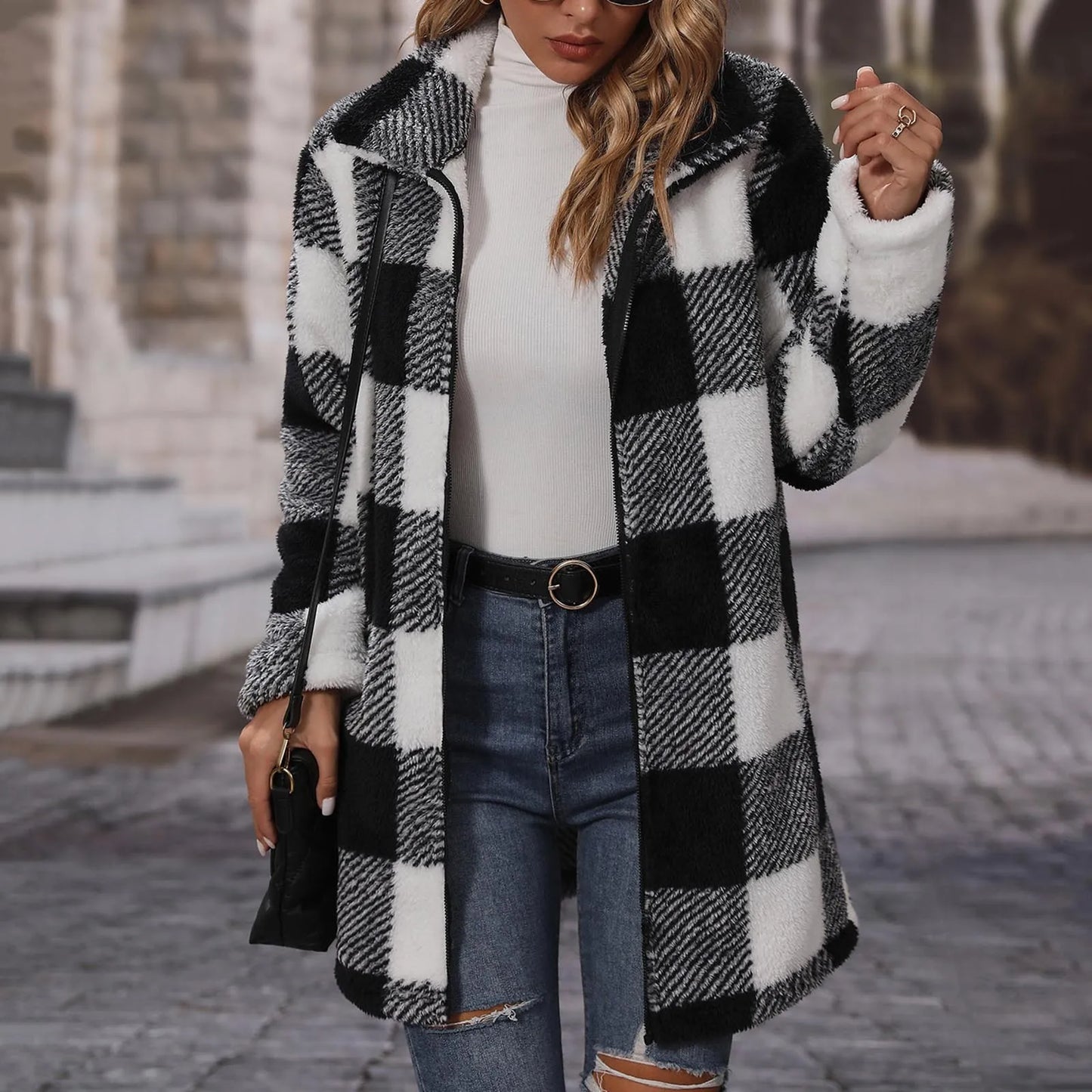 Winter Coats for Women Vintage Plaid Print Warm Fuzzy Fleece Long Jacket Overcoat Cardigan Zipper Jackets Manteau Femme Hiver