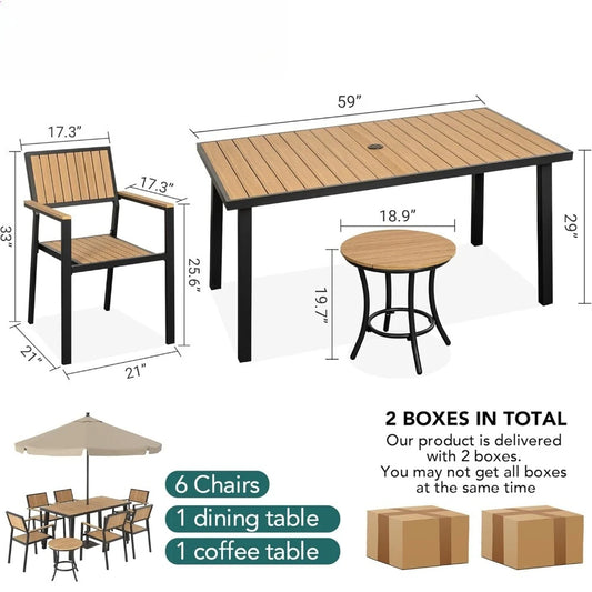 Outdoor Aluminum Furniture Set,8-Piece Patio Dining Set with 6 Outdoor Stackable Chairs and Plastic-Wood Table Top,Outdoor Furn