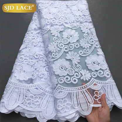 SJD LACE African Milk Silk Lace Fabric 2025 High Quality Nigerian White Mesh Embroidery Lace for Sewing Women Wedding Dress 4043
