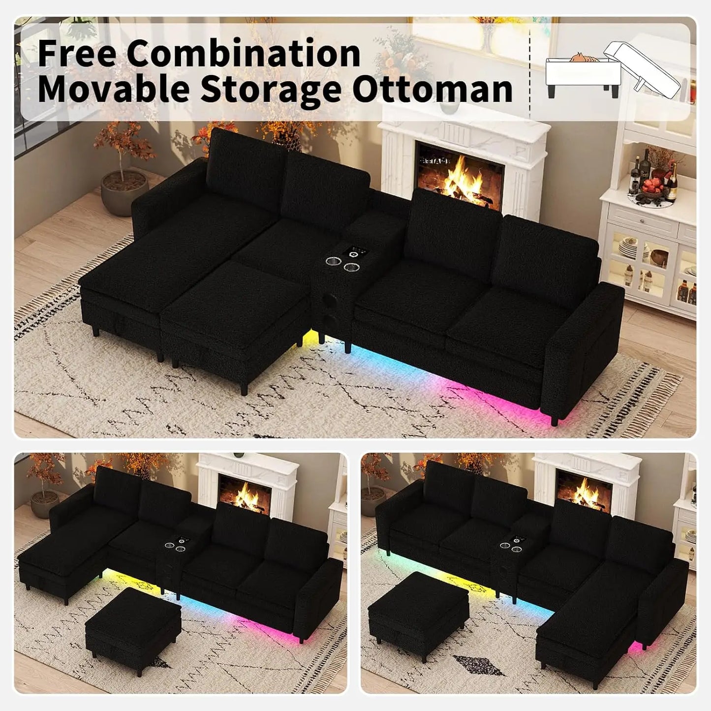 Sectional Couches for Living Room, 6 Seat Sectional Sofa with Bluetooth Speaker/RGB Light/Charging Station, Teddy, Customized