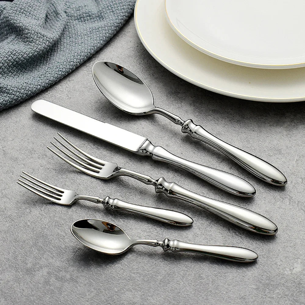 5pcs 18/10 Stainless Steel Cutlery Set Roman Handle Luxury Steak Knife Fork Spoon Tableware Flatware Dinnerware Dishwasher Safe
