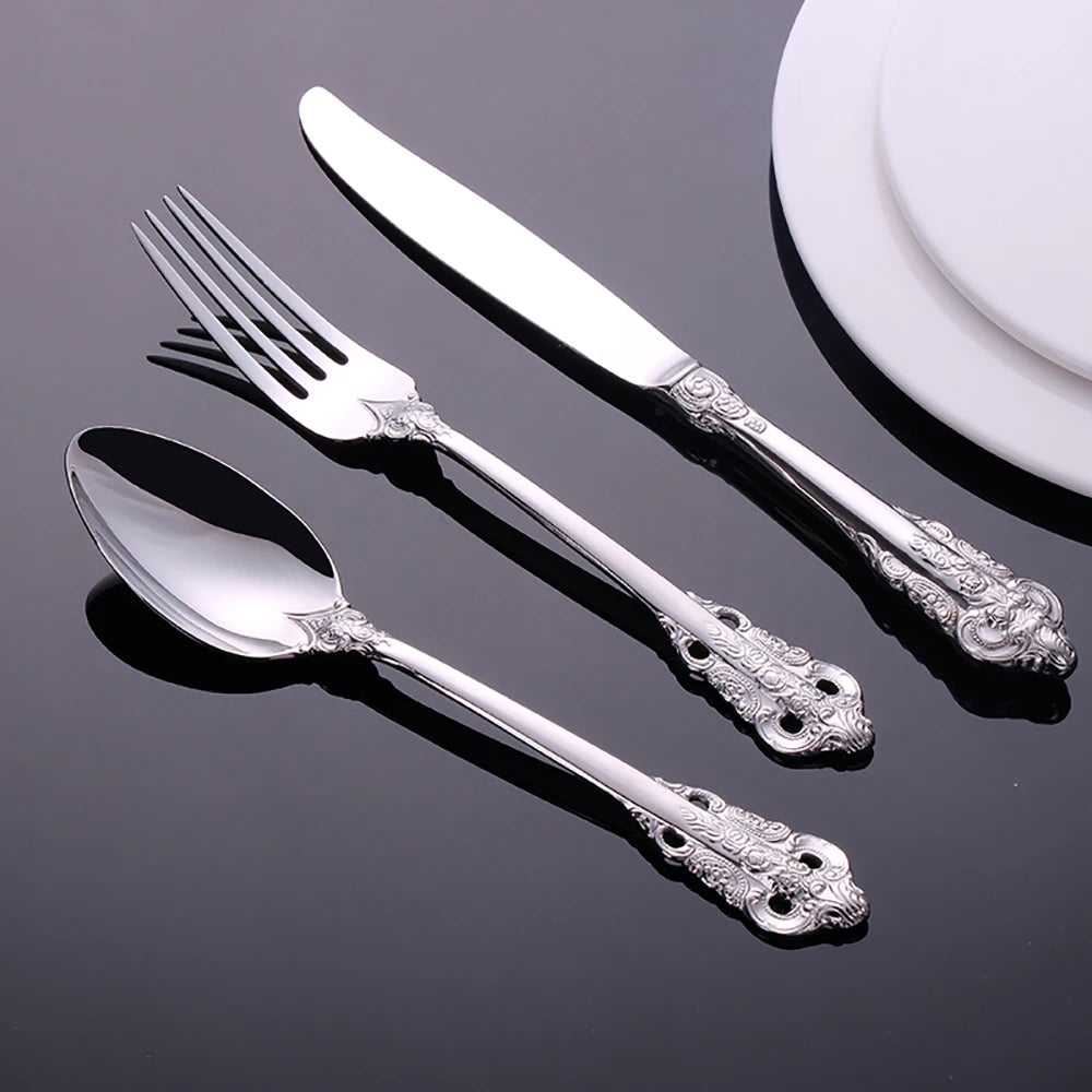 Vintage Western Stainless Steel Cutlery Set Luxury Tableware Wedding Engraving Dinnerware Knife Fork Spoon Sliverware 1 Pcs