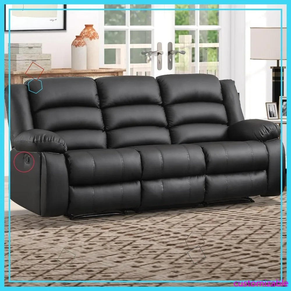 Manual Reclining Sofa 3 Seats with Cup Holders, Overstuffed Armrest Faux Leather Couch for Living Room Bedroom
