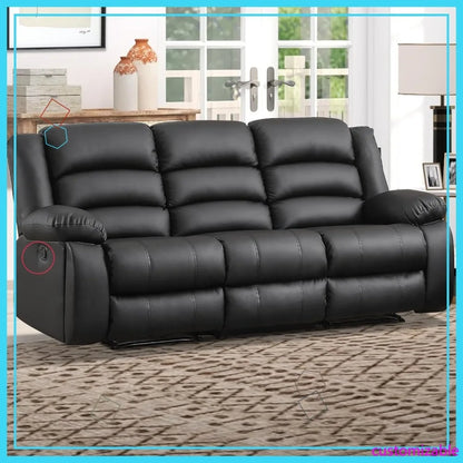 Manual Reclining Sofa 3 Seats with Cup Holders, Overstuffed Armrest Faux Leather Couch for Living Room Bedroom