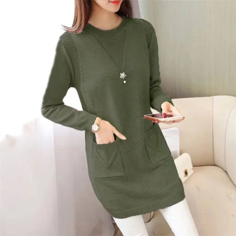 2024 New Style Korean Version Loose-Fit Medium-Length Knit Base Layer Top Women's Pullover Sweater Skirt Fleece-Lined Thickened