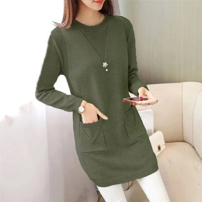 2024 New Style Korean Version Loose-Fit Medium-Length Knit Base Layer Top Women's Pullover Sweater Skirt Fleece-Lined Thickened