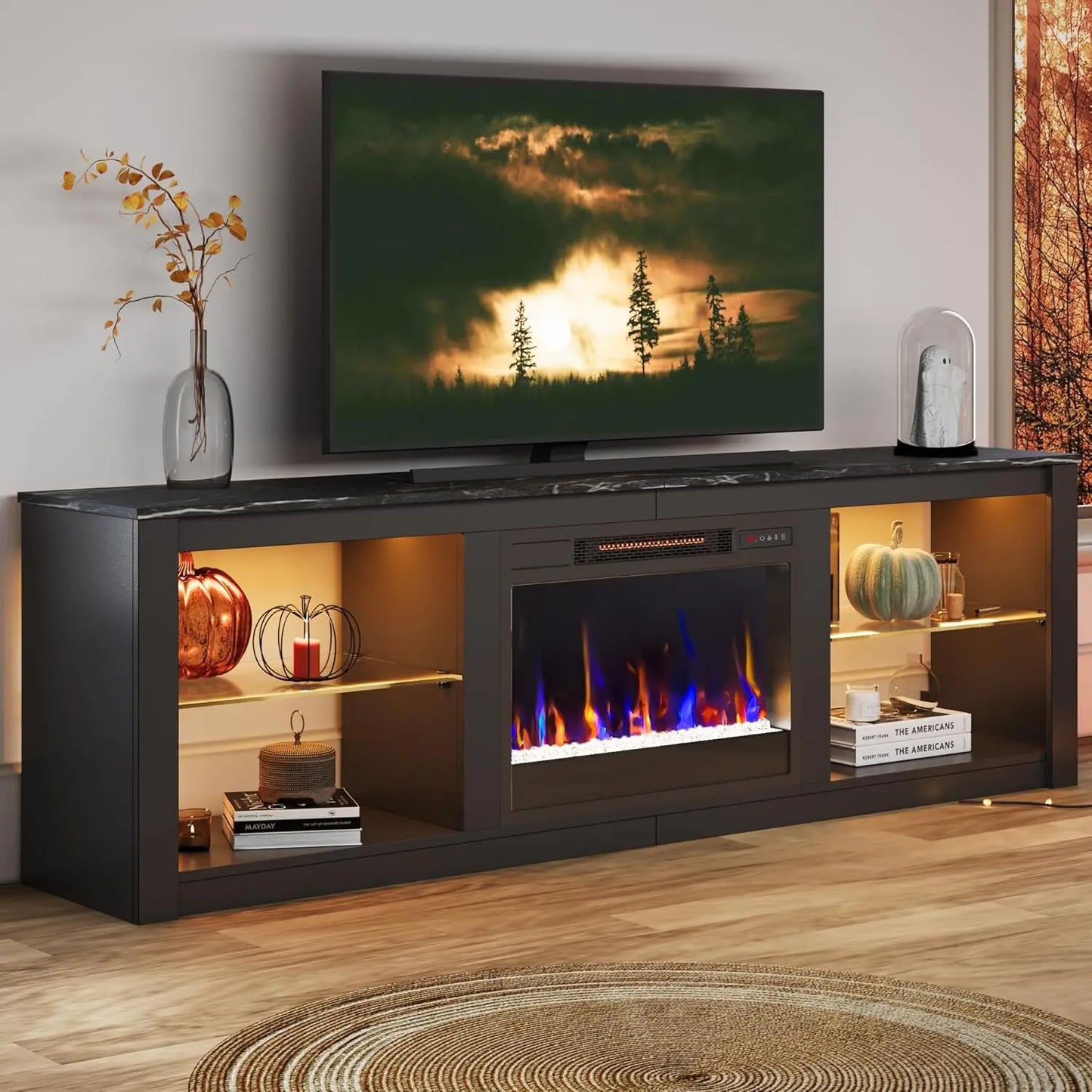 Fireplace TV Stand for 75 inch TV with 23 inch Electric Fireplace, 70 inch Entertainment Center for Living Room with LED Light