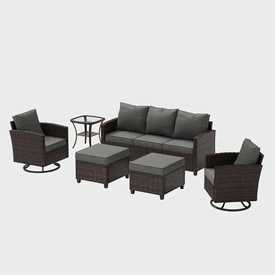 Patio Furniture Set, 6 Pieces Outdoor Sectional Couch with Swivel Rocking Chair, Brown Wicker Rattan Conversation Sofa, 4 Thick