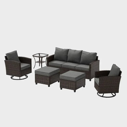 Patio Furniture Set, 6 Pieces Outdoor Sectional Couch with Swivel Rocking Chair, Brown Wicker Rattan Conversation Sofa, 4 Thick
