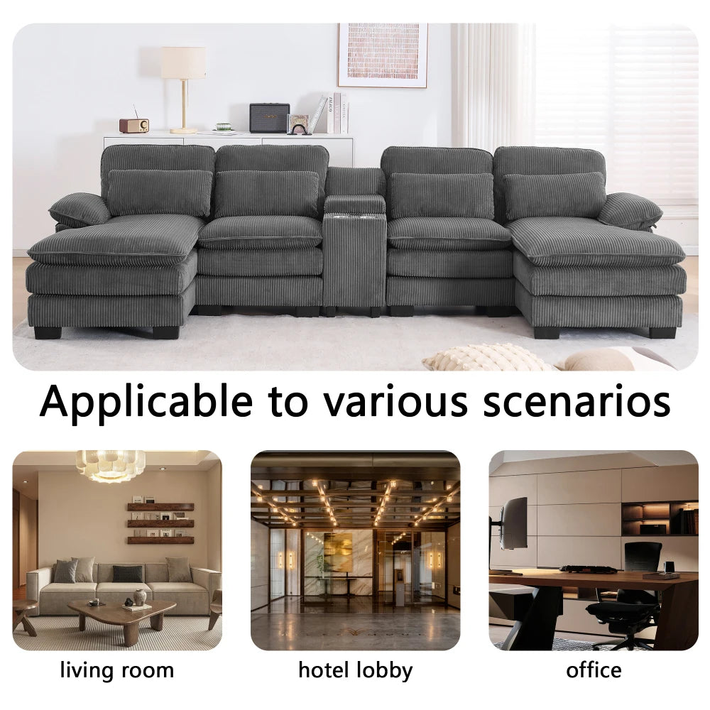 124" Modular U-Shaped Sectional Sofa, 4-Seater Cloud Couch Corduroy Living Room Set w/ Storage Console, Cup Holders, Pillows