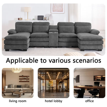 124" Modular U-Shaped Sectional Sofa, 4-Seater Cloud Couch Corduroy Living Room Set w/ Storage Console, Cup Holders, Pillows