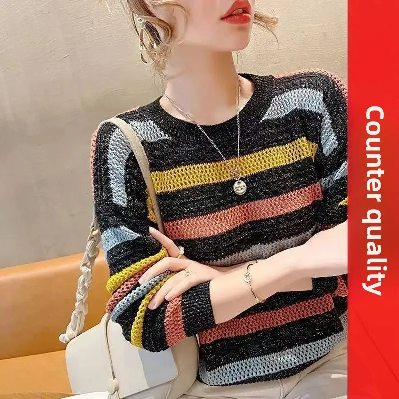 2024 Spring Summer New Hollow Color Striped Knitted Top Women's Loose Fit Cropped Bat Top Thin Cover Ups Crew Neck Pullovers