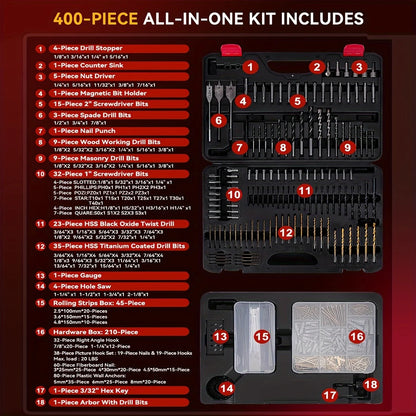 400 Pcs Drill Bit Set - Drill Bits Screwdriver Bit Set Case with Drawer,Bit Set Designed for Various Drilling&Metal Wood Masonry