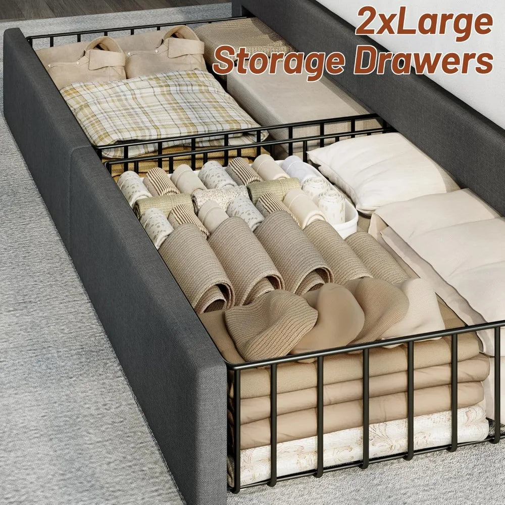 Bed Frame with 4 Storage Drawers, Upholstered Platform  Bed Frame and Headboard, 3 USB & Type-C, Customized