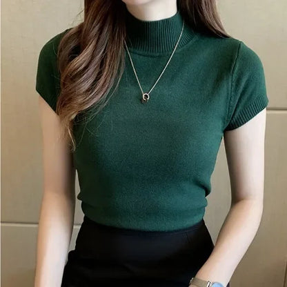 Korean Style Half Polo/turtle Neck Short Sleeves Knitted Top Women's Summer New Elegant Base Layer Top Slimming Cropped T-shirt