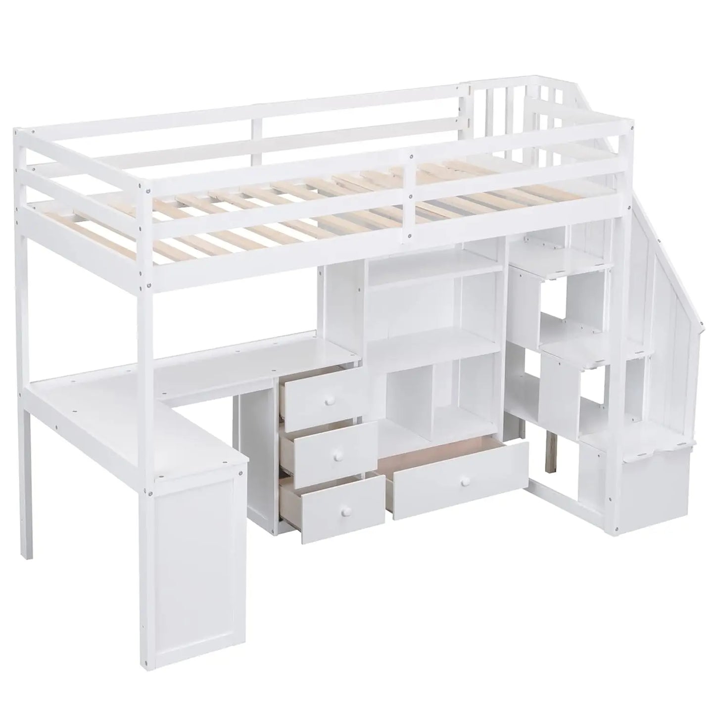 Solid Wood Loft Bed with L-Shaped Desk, Twin Loft Bed with Storage Drawers and Cabinets, White, Customized